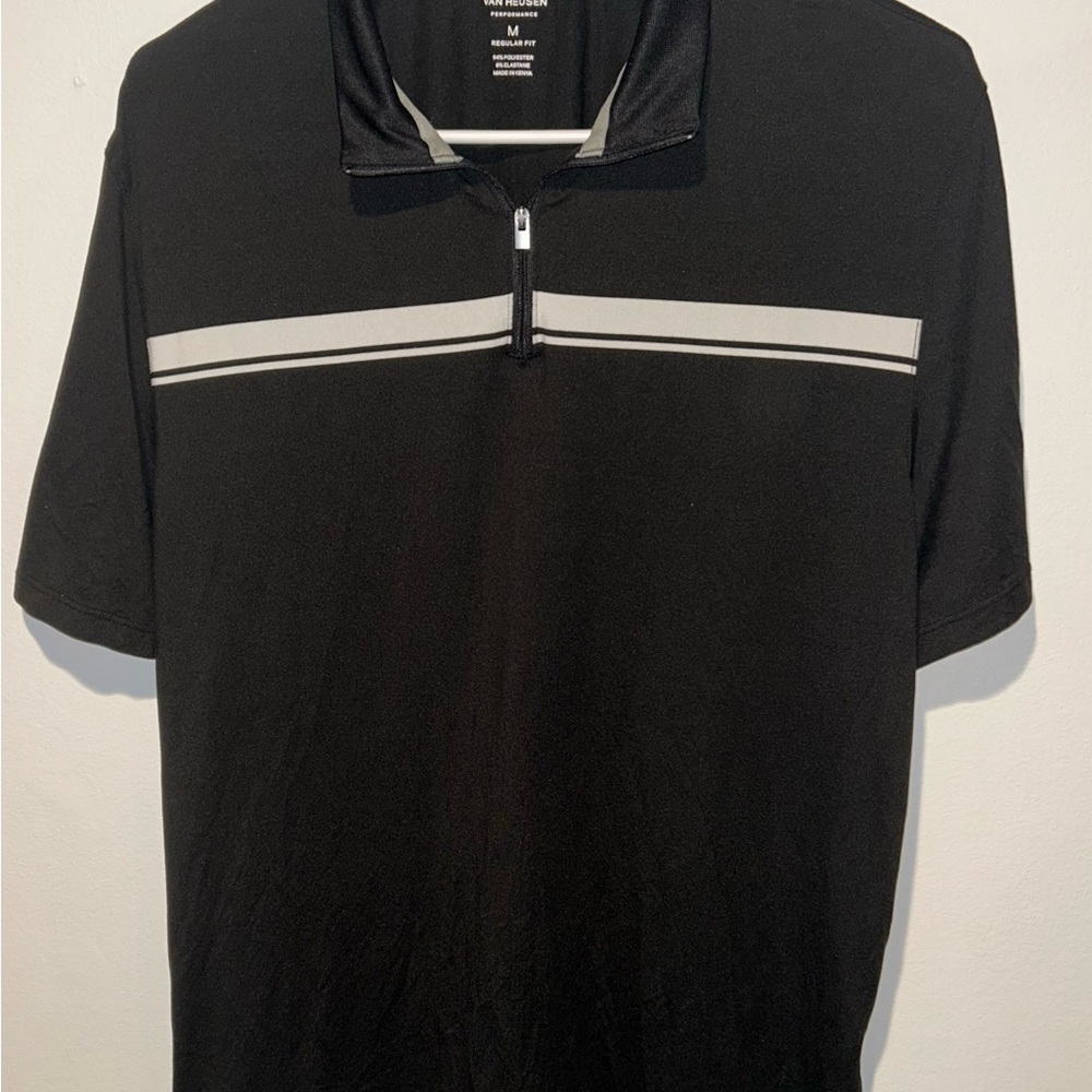 Van Heusen Performance Quarter Zip Black Polo with White Stripe Size Medium